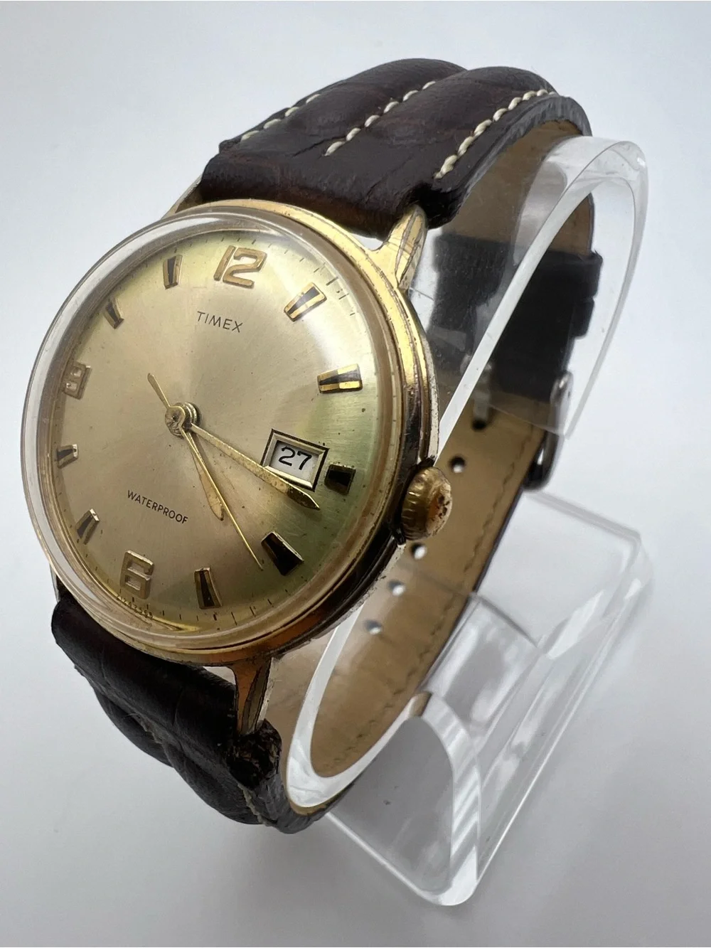 Timex Gold Dial Watch with Dark Brown Leather Strap
